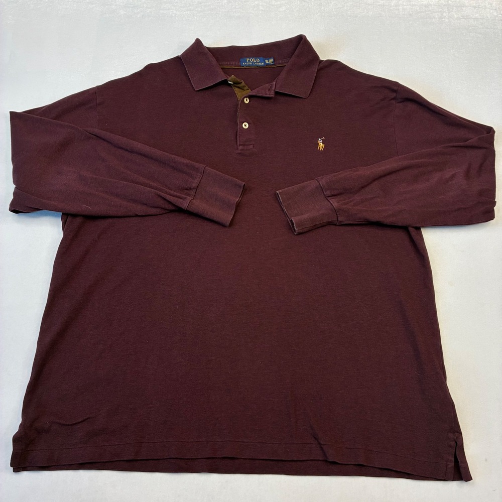Polo Ralph Lauren Polo Shirt Mens XLT Burgundy Long Sleeve Cotton Pony Logo Tall - Picture 3 of 8